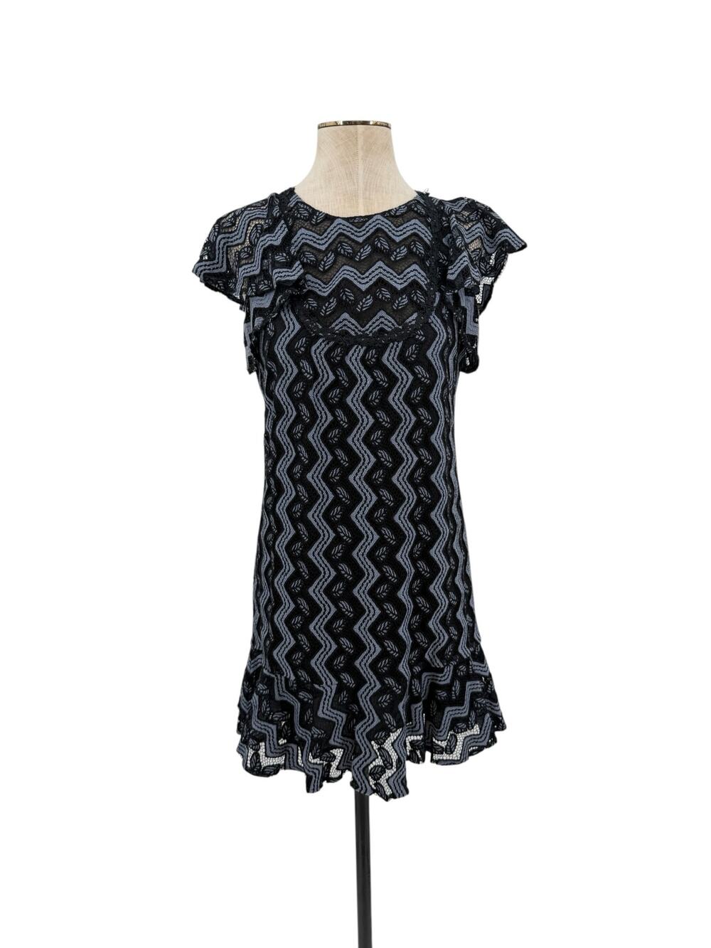 Anna Sui Lace Ruffle Mini Dress Black Blue Flutter Sleeve Keyhole Back Size P XS